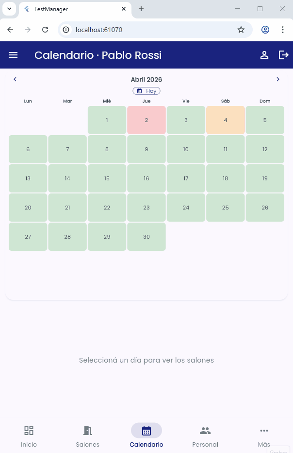 Agenda de reservas y calendario de eventos para salones en FestManager