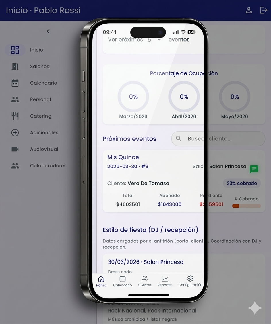 Panel de control de administración de eventos y gestión de salones de fiestas — FestManager
