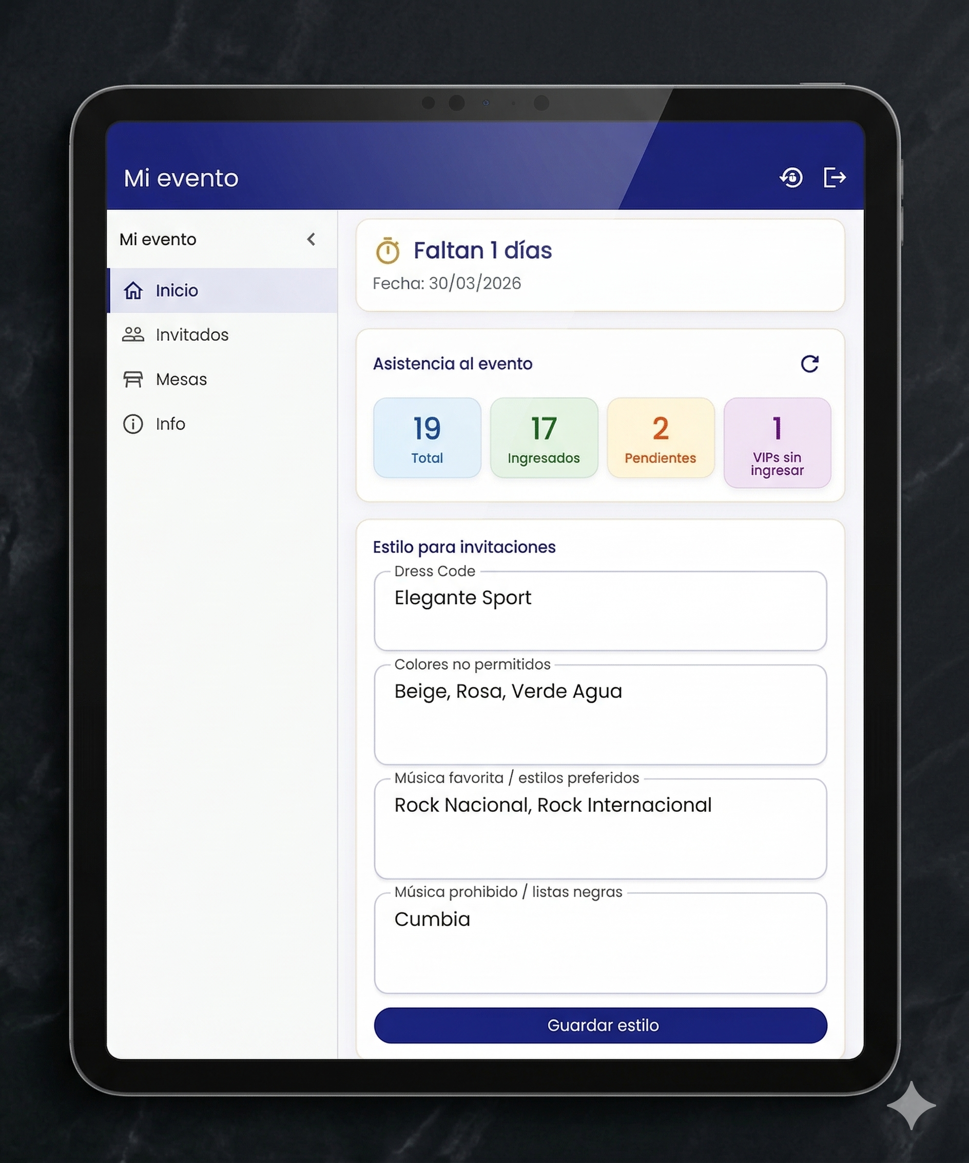Portal del anfitrión: invitados, plano de mesas y menús — FestManager